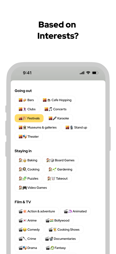 Sparrk, Rizz AI Dating Wingman - A list of interests like festivals and video games used to generate personalized dating app openers in the Sparrk app