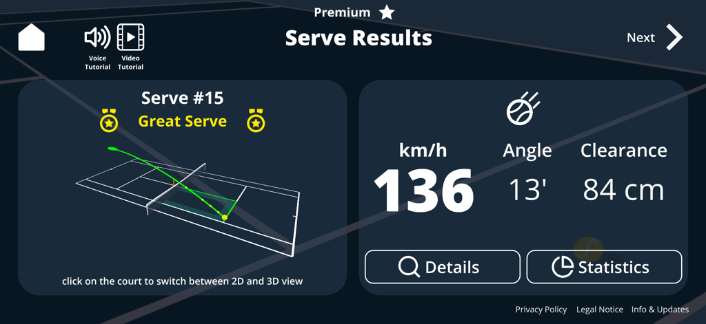 Tennis Serve Speed Tracker - Tennis serve analysis screen showing 136 km/h speed 3D flight path and net clearance metrics