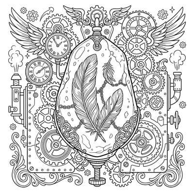 Dive into a fascinating blend of ancient nature and industrial innovation with this captivating Steampunk Amber Feathers coloring page. Explore a world where fossilized feathers are encased in intricate Victorian-era machinery, gears, and clockwork.