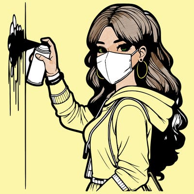 realistic girl with mask spray painting a wall