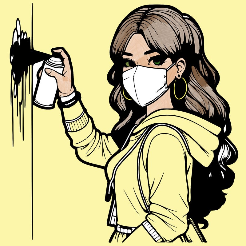 realistic girl with mask spray painting a wall