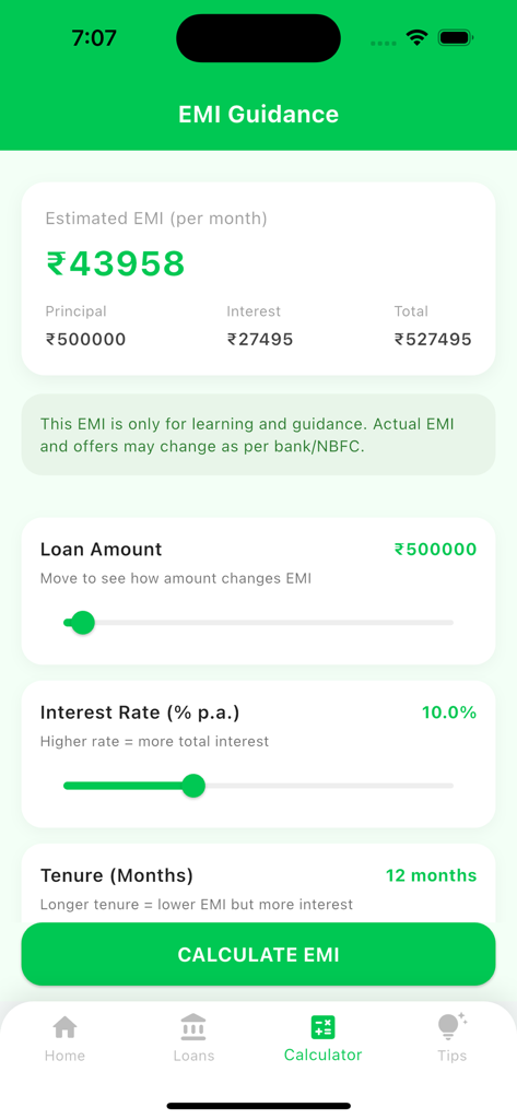 Easy Loan -Loan EMI Calculator - Easy Loan app screen showing EMI calculation with interest rate and loan tenure sliders