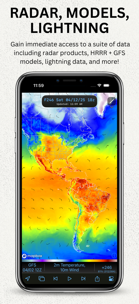 WeatherFront - Radar & Models - WeatherFront app screenshot showing a GFS temperature and wind model forecast map