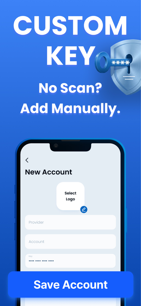 セットアップキーを使用して、2FA Authenticatorアプリに新しいアカウントを手動で追加するためのモバイルインターフェース。