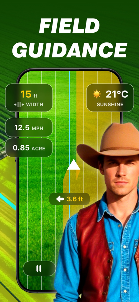 Tela de smartphone mostrando aplicativo de orientação de campo de trator com dados de mapeamento GPS e um agricultor em primeiro plano