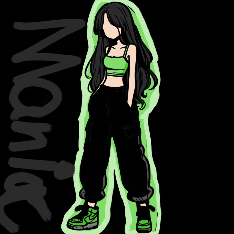 girl in baggy pants crop top and long hair