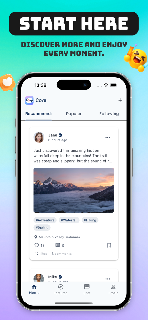 Cove - Share Fun, Video Chat - Interfaz móvil de la aplicación Cove que muestra un feed social de viajes con una publicación de paisaje montañoso y etiquetas de senderismo.