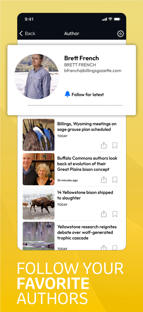 Billings Gazette - Billings Gazette app interface showing the option to follow a favorite author and their latest articles
