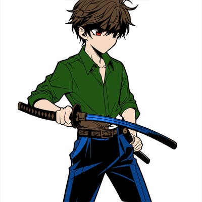 manga guy wearing dress pants and a button up shirt holding a samurai sword