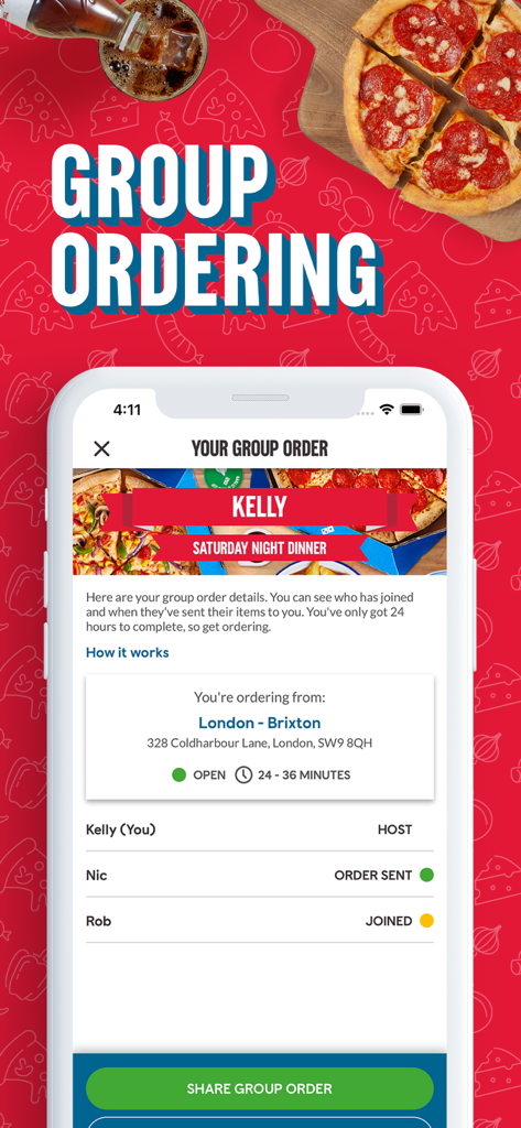 Domino's Pizza Delivery UK&ROI - Dominos app group ordering screen for a Saturday night dinner
