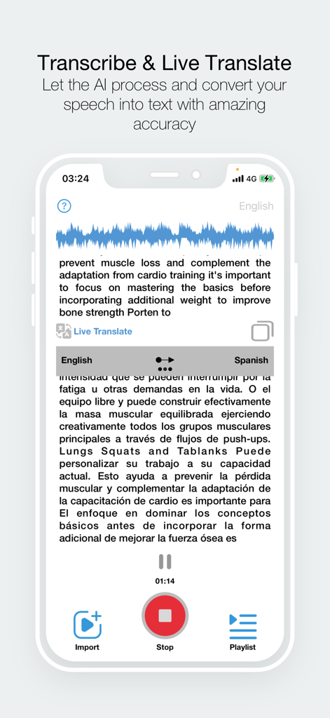 Transcribe AIアプリがリアルタイムの音声テキスト変換とスペイン語への翻訳を実行している様子を示すスマートフォンの画面。