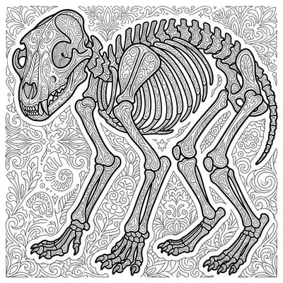 Dive into the fascinating world of anatomy with this stunning mammal skeleton coloring page designed for adults. Each bone and background element is filled with intricate patterns, offering hours of relaxing and creative engagement.