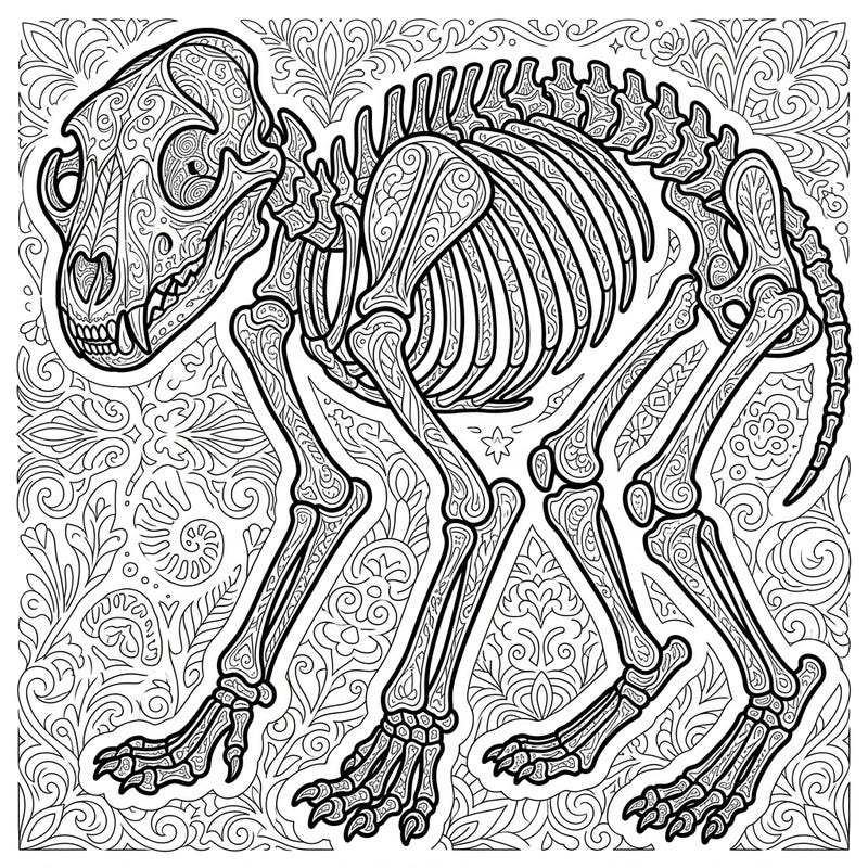 Dive into the fascinating world of anatomy with this stunning mammal skeleton coloring page designed for adults. Each bone and background element is filled with intricate patterns, offering hours of relaxing and creative engagement.