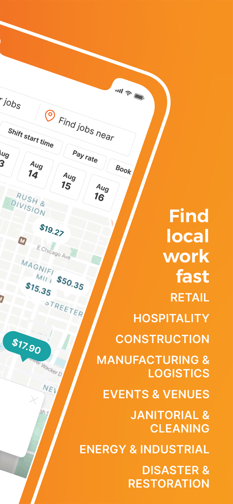 JobStack for Work: Daily Pay - A mobile interface for JobStack showing a map with local job listings and hourly pay rates across multiple industries.