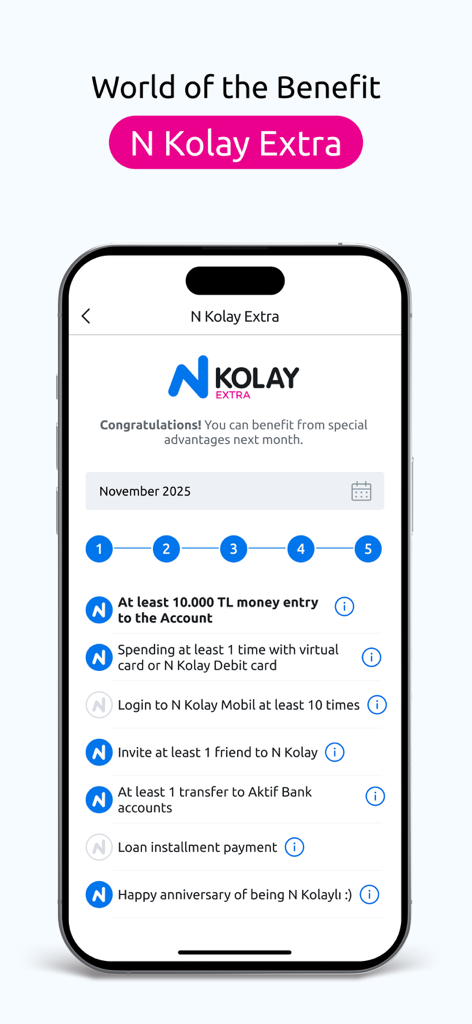 N Kolay Extra 보상 프로그램과 월간 뱅킹 임무를 보여주는 모바일 앱 인터페이스