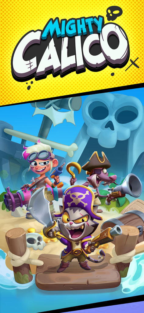 Mighty Calico - Mighty Calico game splash screen featuring a pirate cat and adventurer characters on a tropical treasure island
