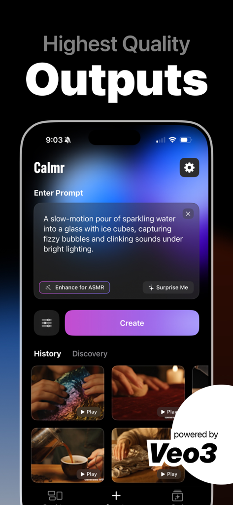 CALMR App-Oberfläche, die die Eingabe von Textaufforderungen zur Erstellung hochwertiger KI ASMR-Videos mit einer Historie von generierten Thumbnails zeigt.