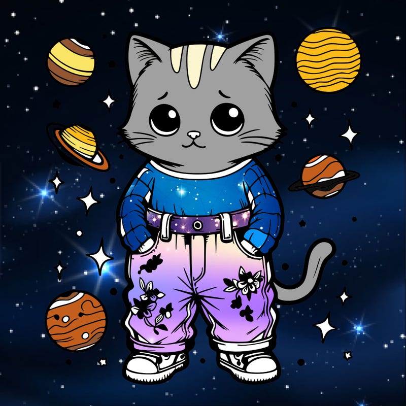 a cat in space wearing baggy jeans