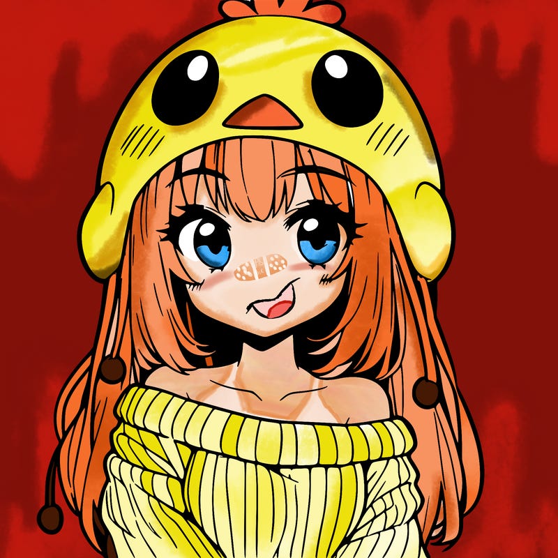anime girl with chick shaped hat with sweater with bare shoulders with bangs covering them one eye with low tail