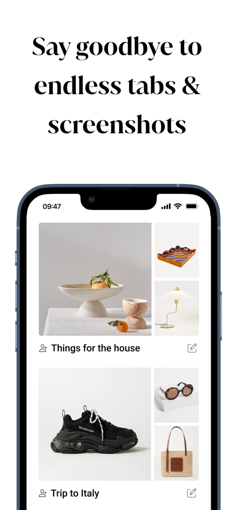 A smartphone screen displaying the Moonsift app with organized shopping collections for home decor and travel.