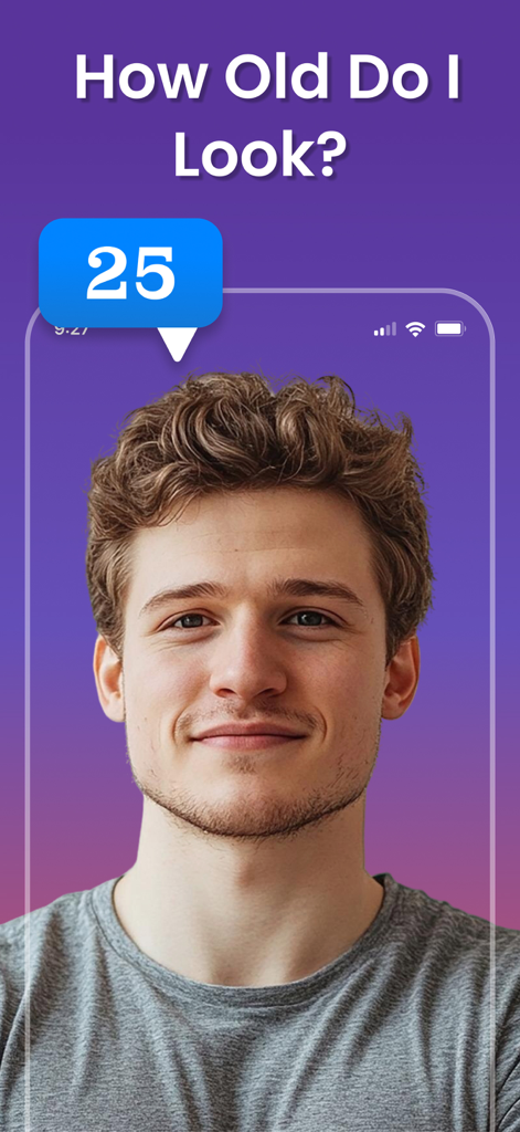 AI-powered face scanner estimating a young man's age as 25 in the Beauty Scanner app