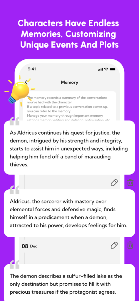 DeepLove AI interface showing character memories and roleplaying plot summaries