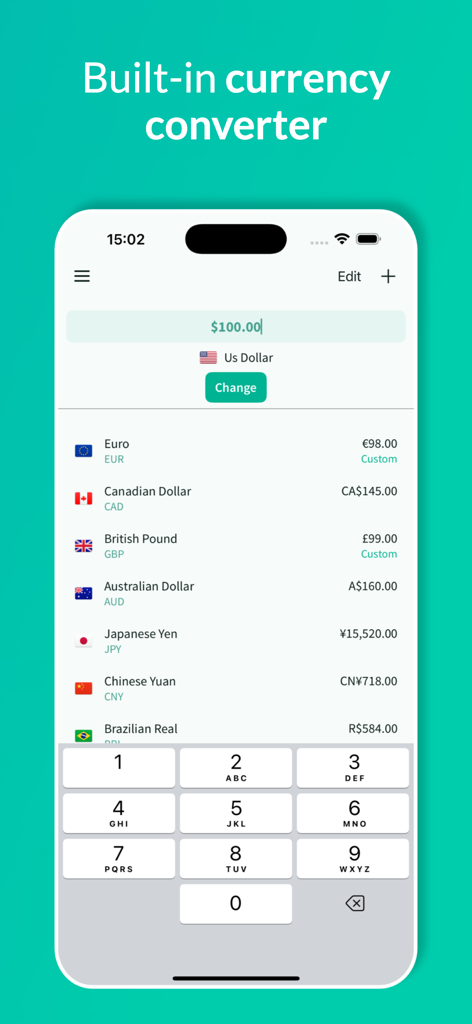 Tripcoin - Travel budget - Built-in currency converter in the Tripcoin app displaying exchange rates for US Dollars to Euro British Pound and other global currencies