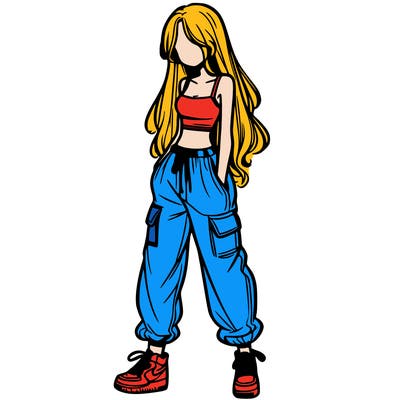 girl in baggy pants crop top and long hair