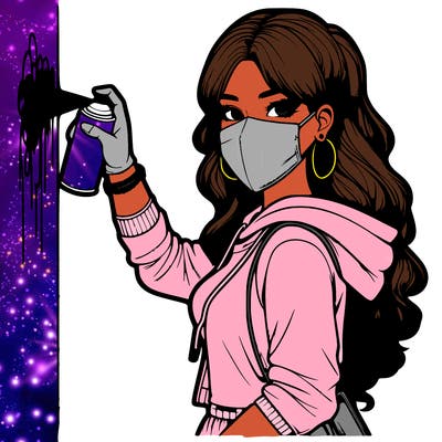 realistic girl with mask spray painting a wall