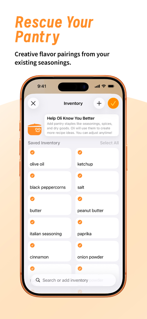 Cookidea app inventory screen showing a list of selected pantry staples like olive oil ketchup and spices