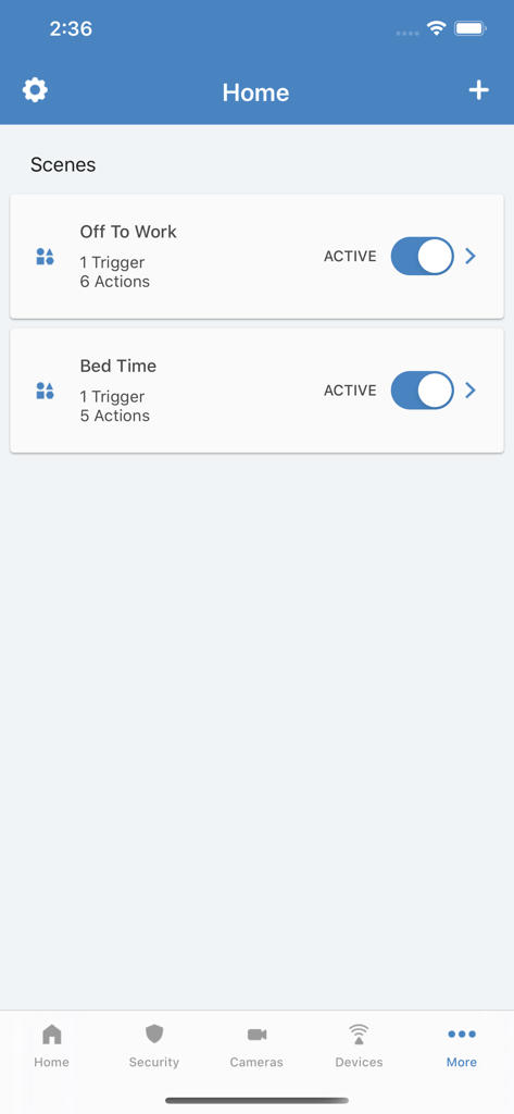 Interface of the Alula Security app showing automated home scenes like Off To Work and Bed Time.