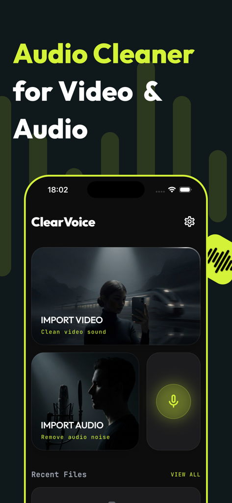 Noise Reducer & Recorder - ClearVoice app interface showing options to import video and audio for AI noise reduction