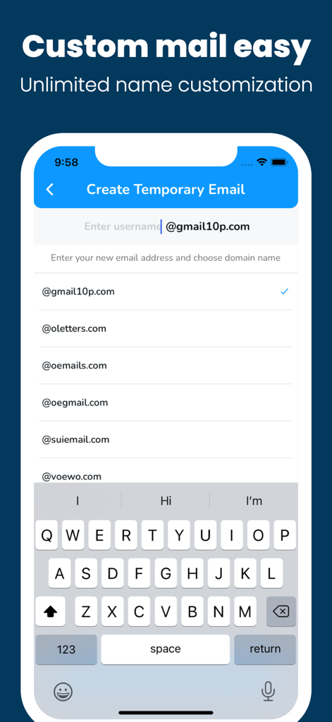 利用可能なドメインオプションのリストとともに、カスタマイズされた一時メールアドレスを作成するためのモバイルインターフェース。