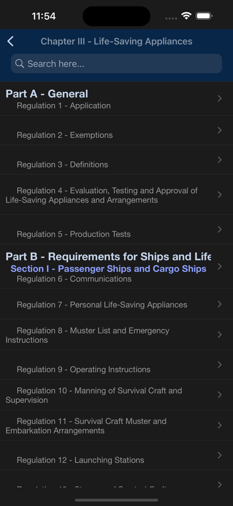 Schermata che visualizza le normative del Capitolo III Dispositivi di salvataggio nell'app di sicurezza marittima SOLAS Consolidato.