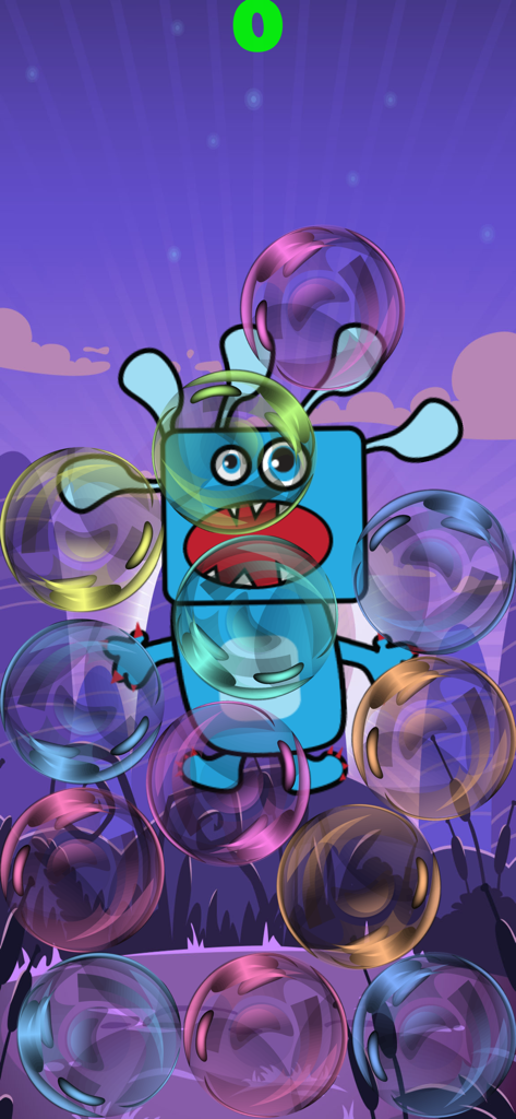 Toddler Monster Pop - Un personaje de monstruo azul detrás de varias burbujas grandes y coloridas en la interfaz del juego Toddler Monster Pop.