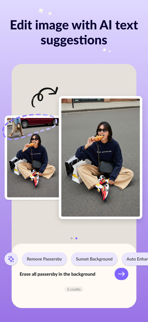 Oberfläche der MagicBrew-App, die die KI-Funktion zum Entfernen von Personen aus dem Hintergrund eines Fotos zeigt