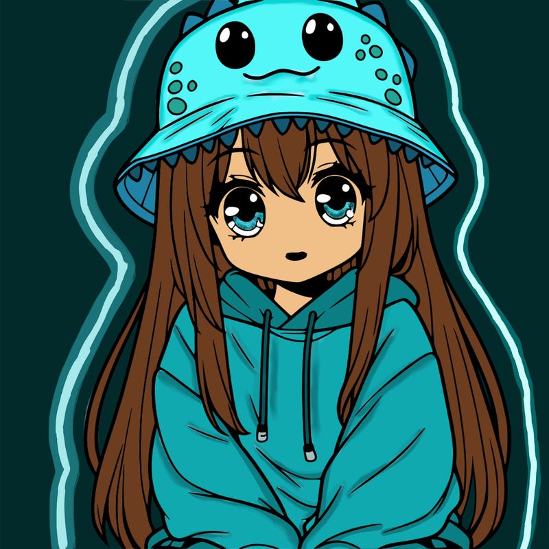girl with anime shaped eyes with a dinosaur bucket hat oversized sweatshirt long straight hair