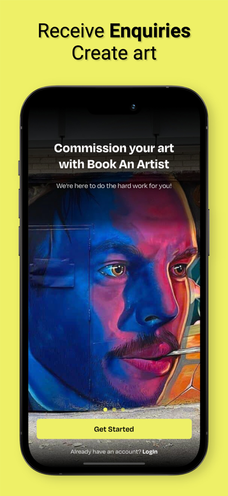 Book An Artist - Book An Artist app welcome screen for freelance artists to receive enquiries and commission work