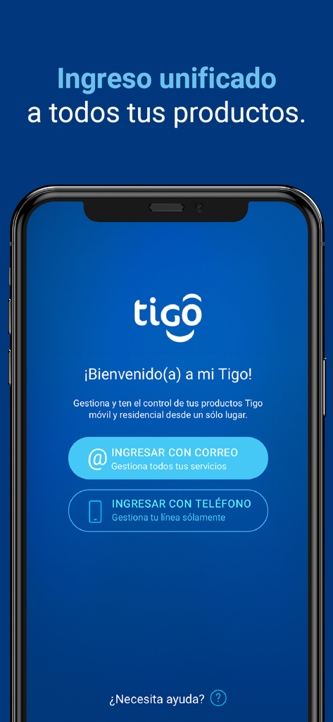 Mi Tigo Nicaraguaアプリのウェルカム画面。モバイルサービスと住宅サービスの両方の統合ログインオプションが表示されます。