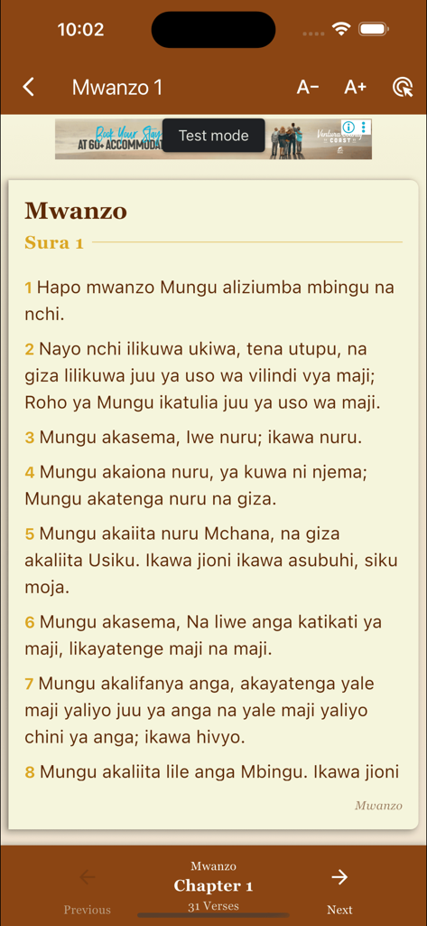 Biblia Takatifu,Swahili Bible - Interfaccia dell'app della Bibbia Swahili che mostra il libro della Genesi in lingua swahili