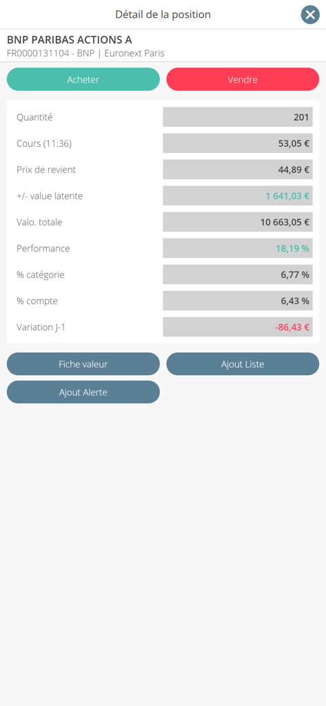 L'Appli Bourse Portzamparc - A detailed view of a stock market position for BNP Paribas shares on the Portzamparc mobile app.