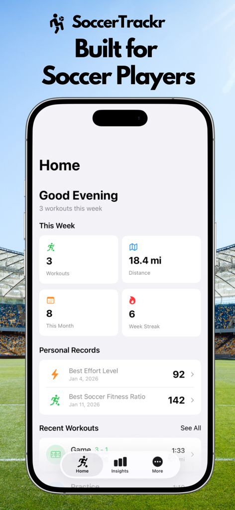 SoccerTrackr - Tela inicial do aplicativo SoccerTrackr mostrando estatísticas de treino e recordes pessoais