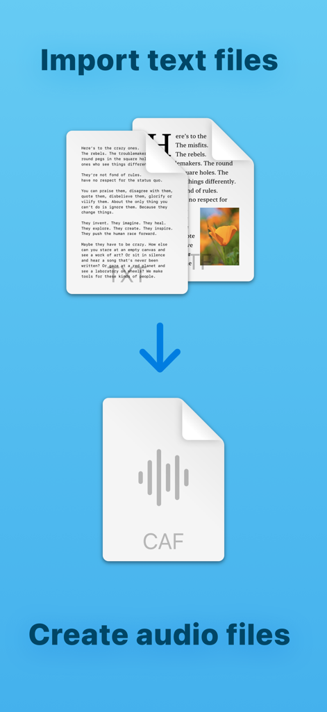 SpeakLine – Text to Speech - SpeakLineアプリでテキストファイルをインポートしてCAFオーディオファイルを作成するプロセスを示すグラフィック。