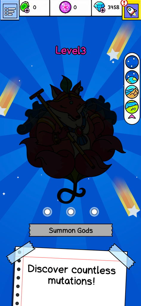 A colorful doodle style multi-tailed fox deity screen with a Summon Gods button in Evolution Galaxy