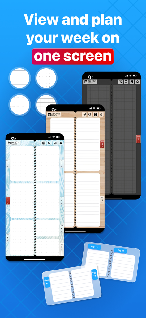 Smartphone screens displaying the Weekly Planner app with various paper-style background themes and a clear weekly overview