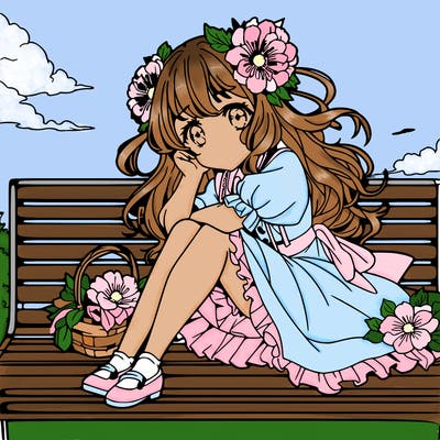 anime flower girl sitting on a bench in the sky