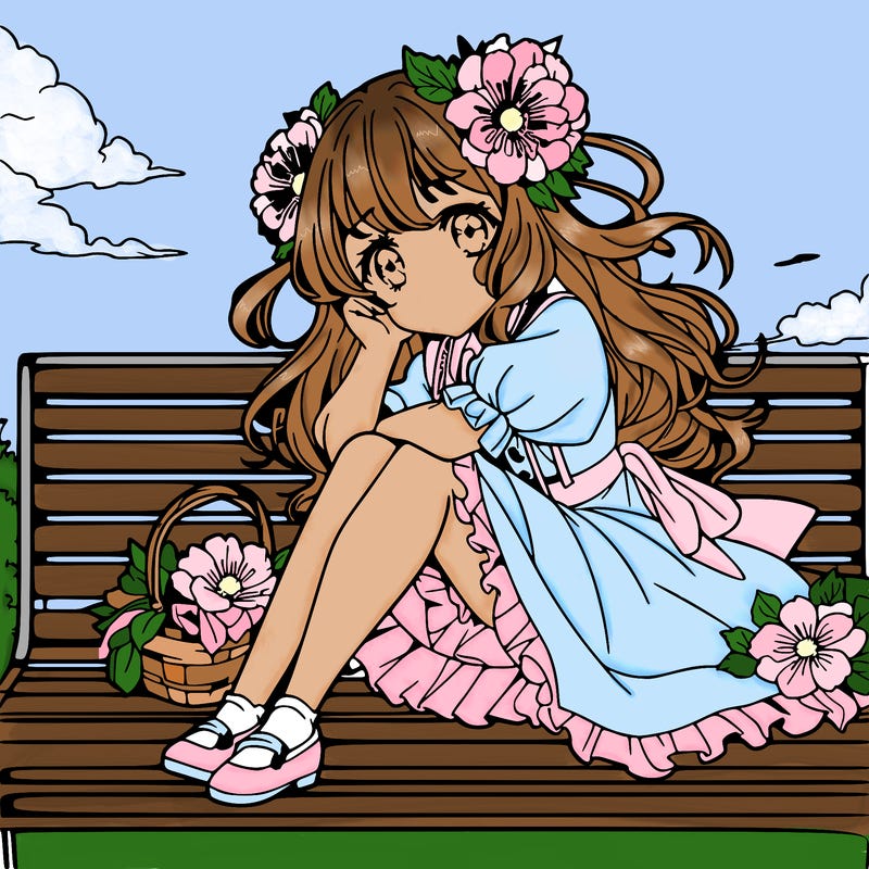 anime flower girl sitting on a bench in the sky