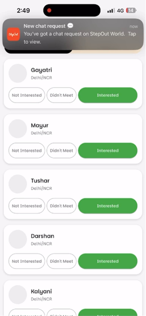 StepOut World - Smartphone screen showing StepOut World user profiles with interest options and a new chat request notification
