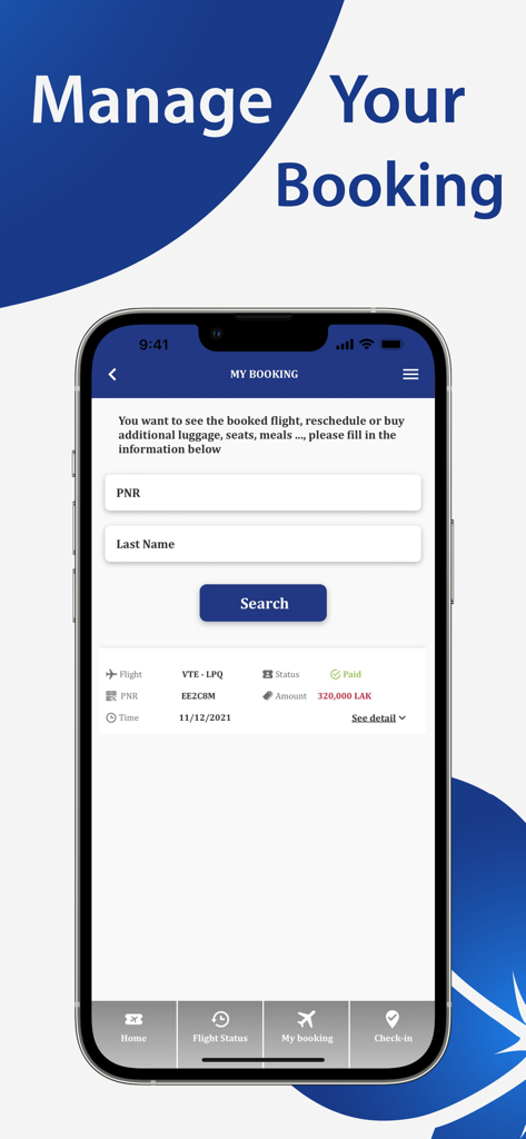 Lao Airlines - PNR 및 성으로 검색 필드와 항공편 요약이 포함된 라오항공 앱 '내 예약 관리' 페이지를 보여주는 스마트폰 화면.