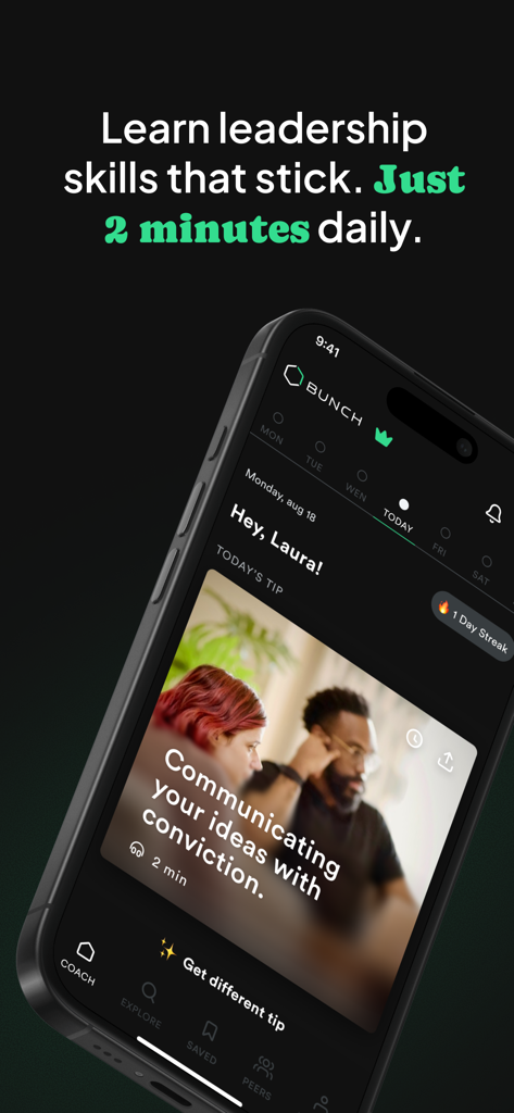 Bunch - Daily Leadership Coach - Interface of the Bunch leadership coach app showing a daily two minute tip on communicating ideas with conviction.